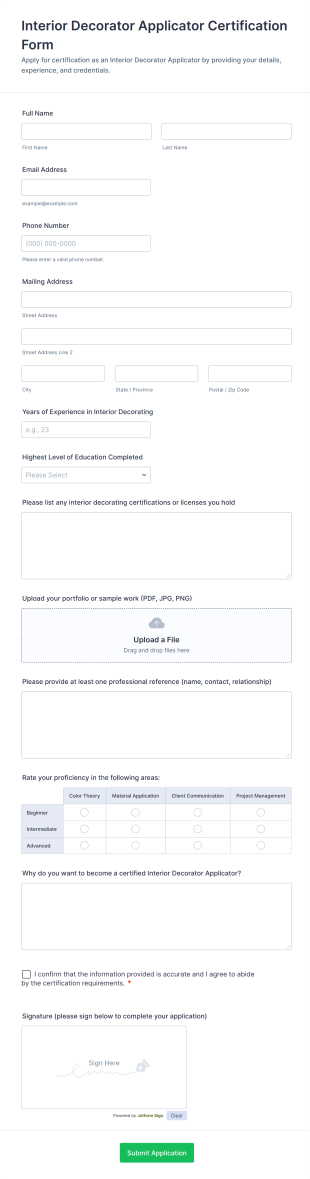 Interior Decorator Applicator Certification Form Template