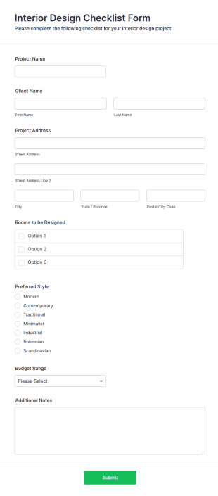 Interior Design Checklist Form Template