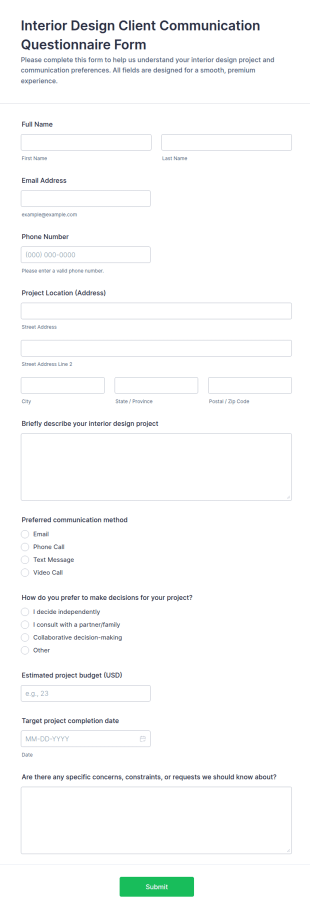Interior Design Client Communication Questionnaire Form Template