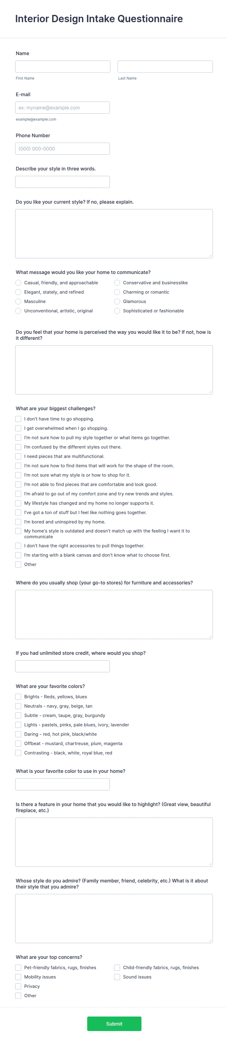 Interior Design Intake Questionnaire Form Template | Jotform
