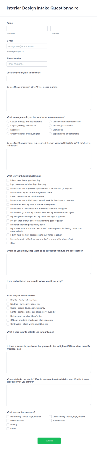Interior Design Intake Questionnaire Form Template