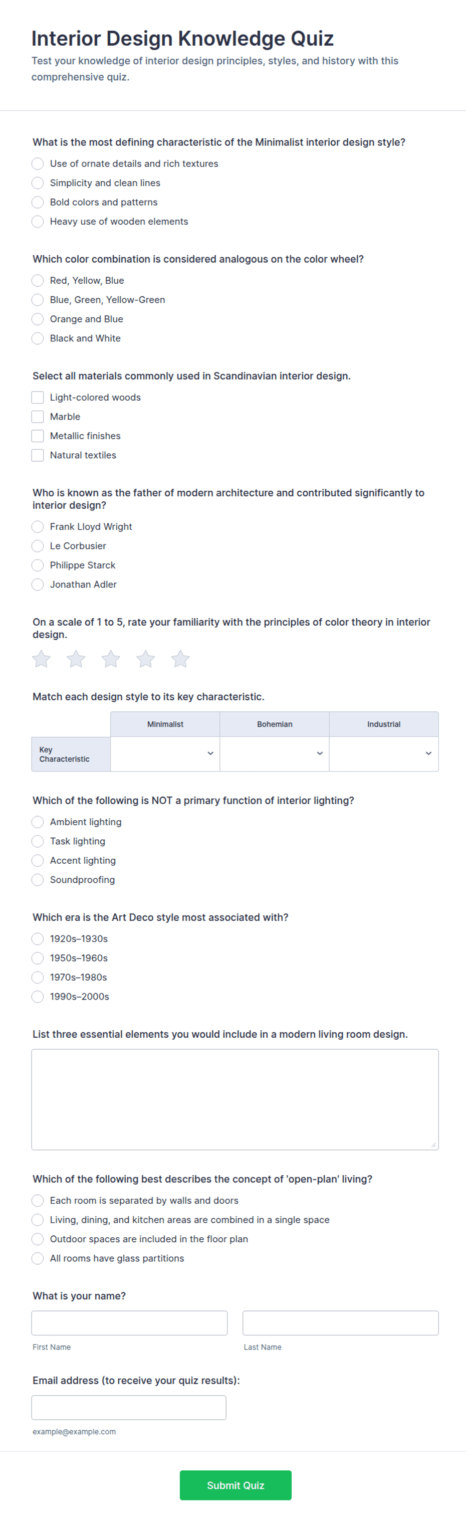 Interior Design Knowledge Quiz Form Template | Jotform