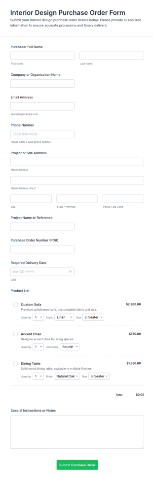 Interior Design Purchase Order Form Template