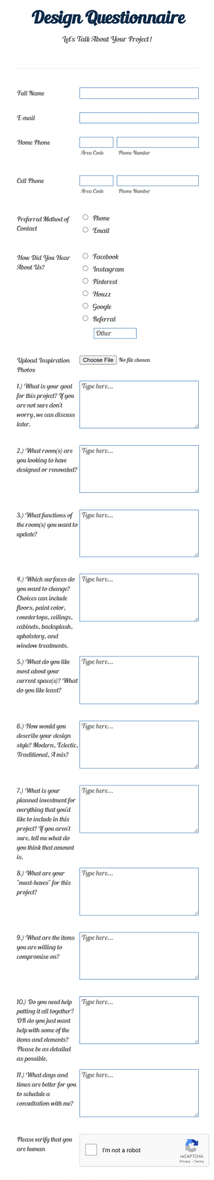 Interior Design Questionnaire Form Template