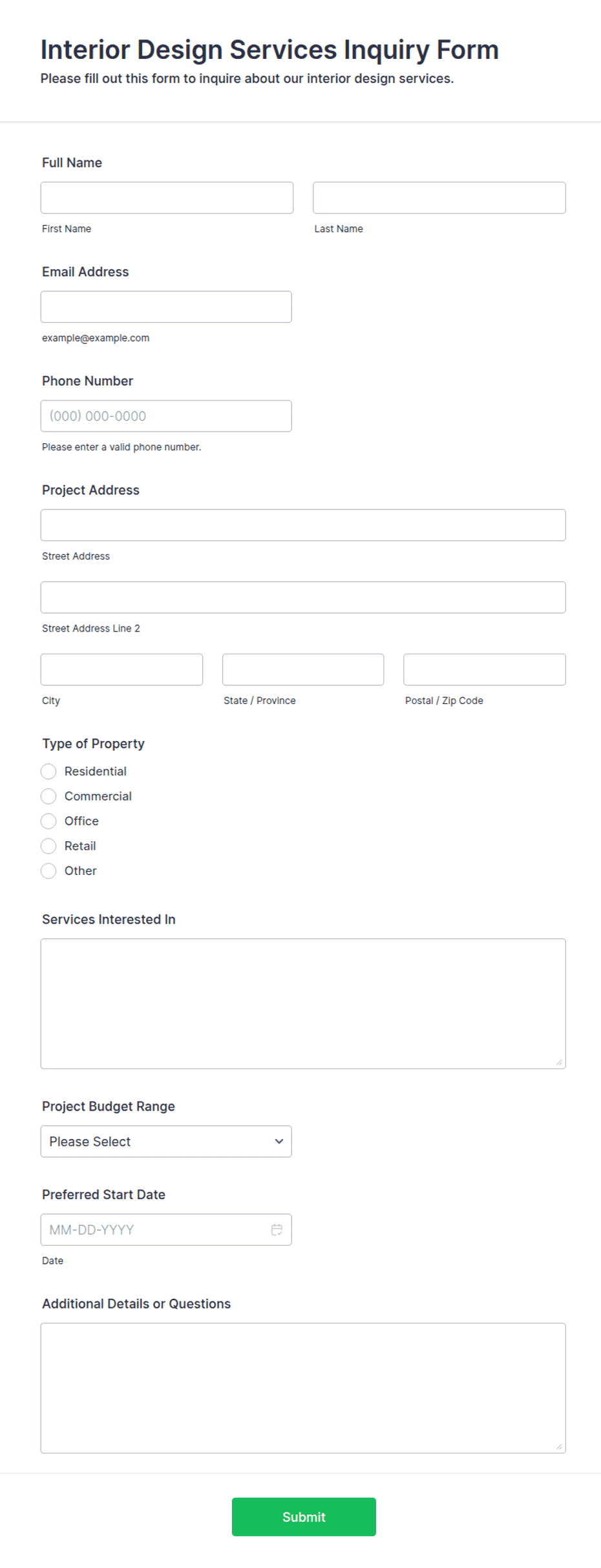Interior Design Services Inquiry Form Template | Jotform