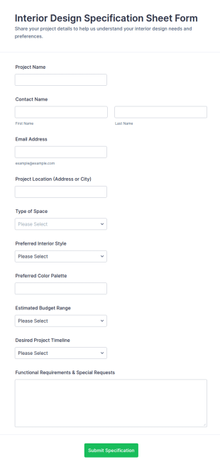 Interior Design Specification Sheet Form Template
