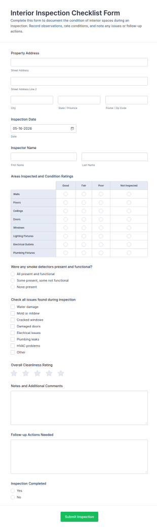 Interior Inspection Checklist Form Template