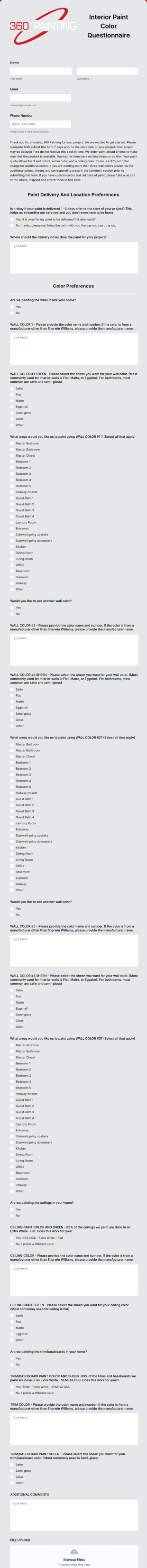 Interior Paint Color Questionnaire Form Template