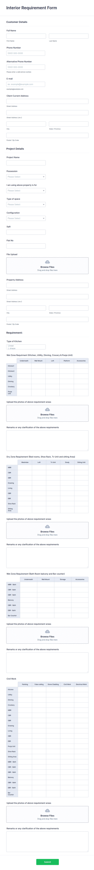 Interior Requirement Form Template
