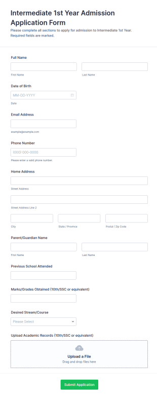 Intermediate 1st Year Admission Application Form Template