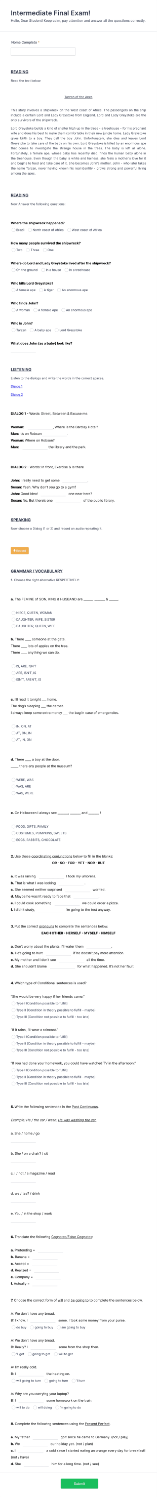 Intermediate English Exam Form Template