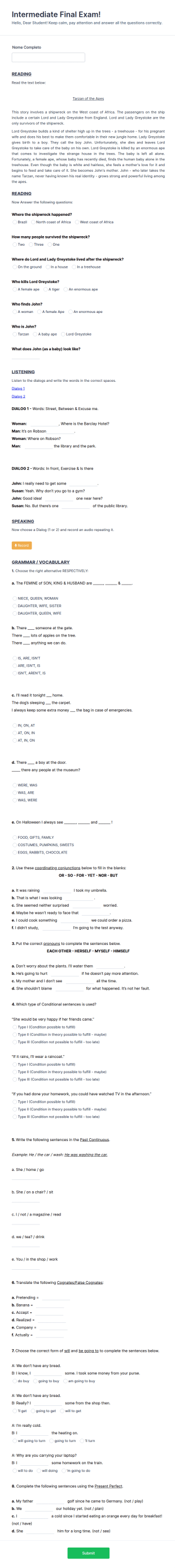 Intermediate English Exam Form Template