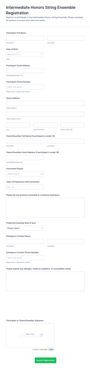 Intermediate Honors String Ensemble Registration Form Template