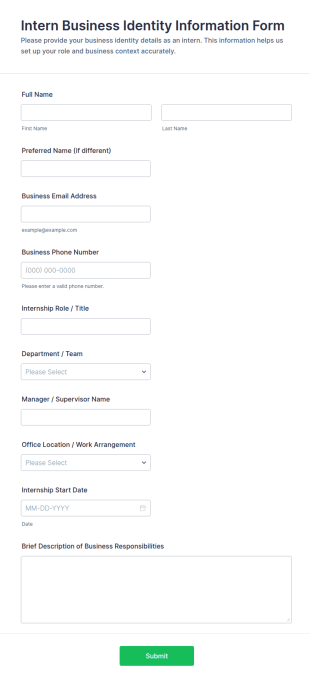 Intern Business Identity Information Form Template