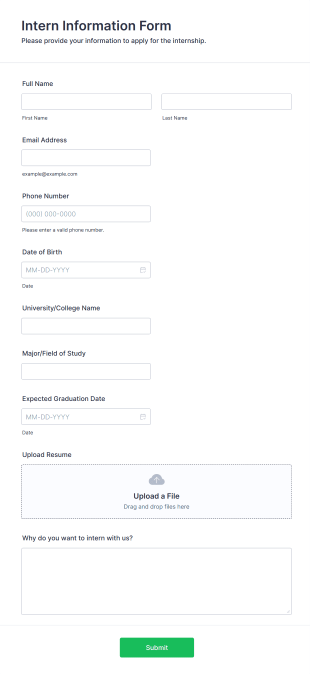 Intern Information Form Form Template