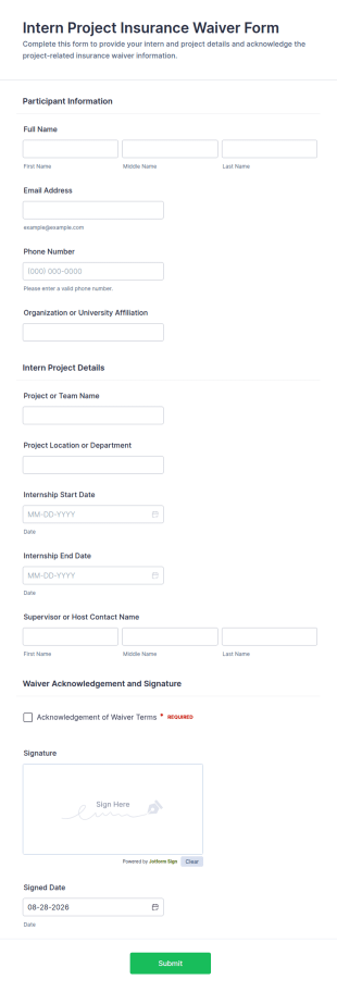 Intern Project Insurance Waiver Form Template