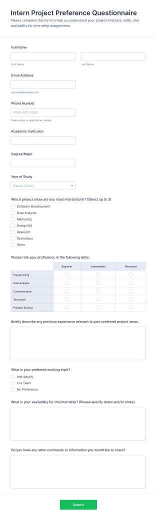Intern Project Preference Questionnaire Form Template