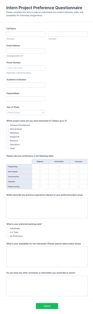 Intern Project Preference Questionnaire Form Template