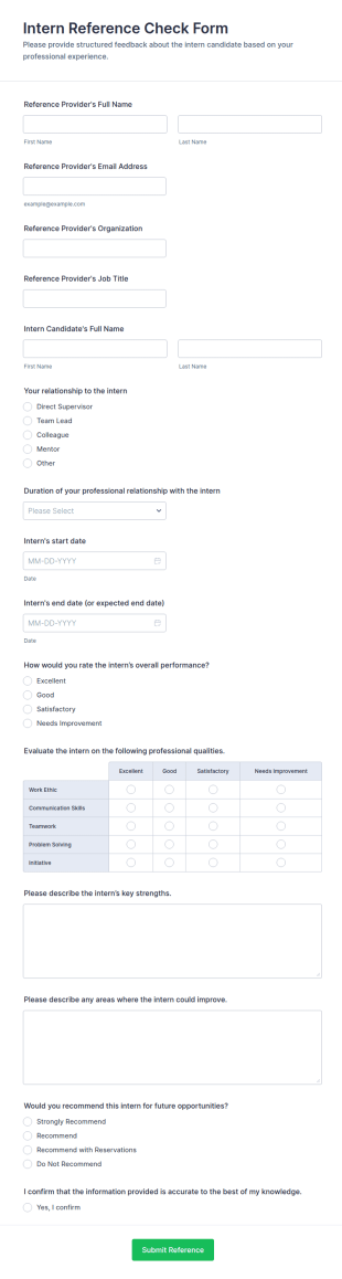 Intern Reference Check Form Template