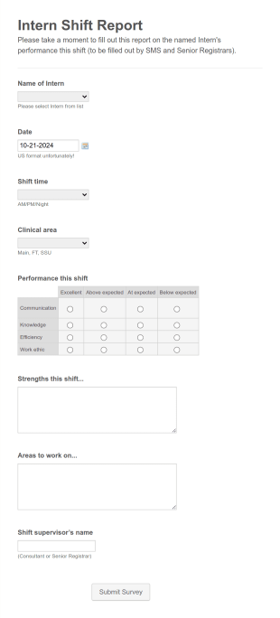 Intern Shift Report Form Template