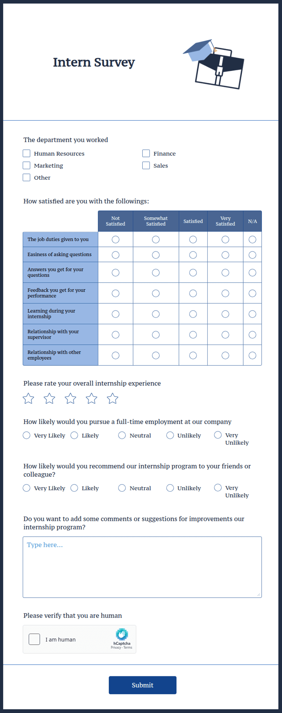 Internship Survey Questions Example Intern Survey Form Template | Jotform