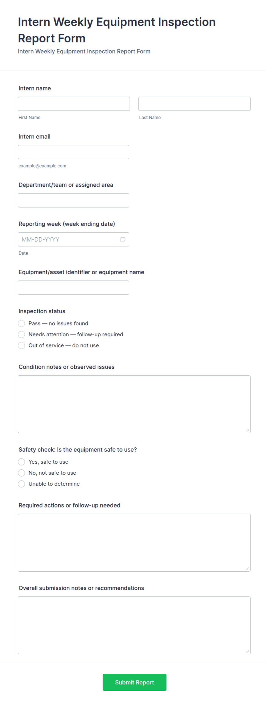 Raport Form Intern Weekly Equipment Inspection Report Form Template | Jotform