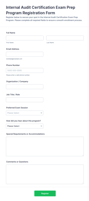 Internal Audit Certification Exam Prep Program Registration Form Template