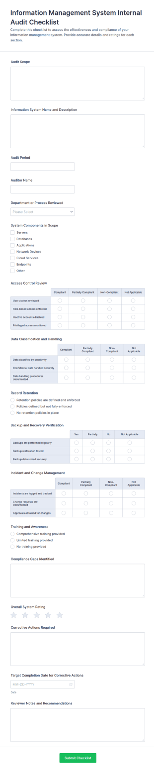 Information Management System Internal Audit Checklist Form Template