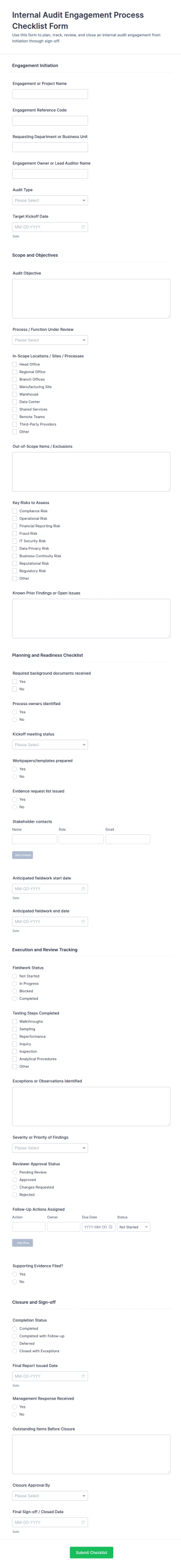 Internal Audit Engagement Process Checklist Form Template