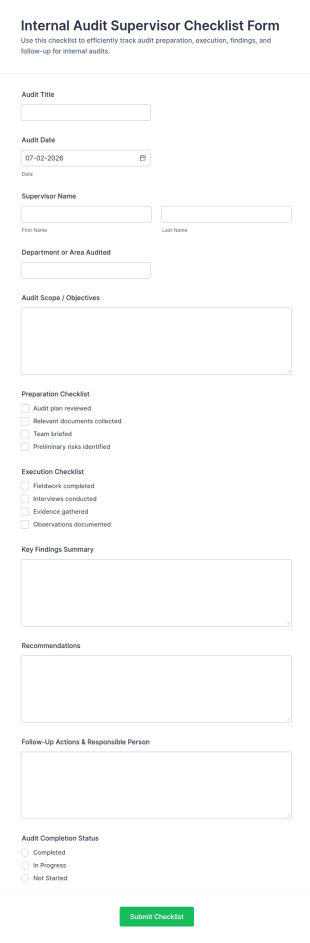 Internal Audit Supervisor Checklist Form Template