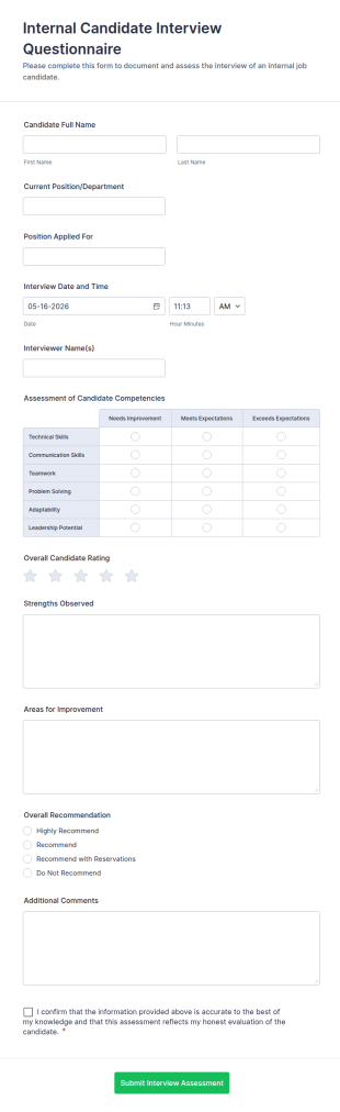 Internal Candidate Interview Questionnaire Form Template