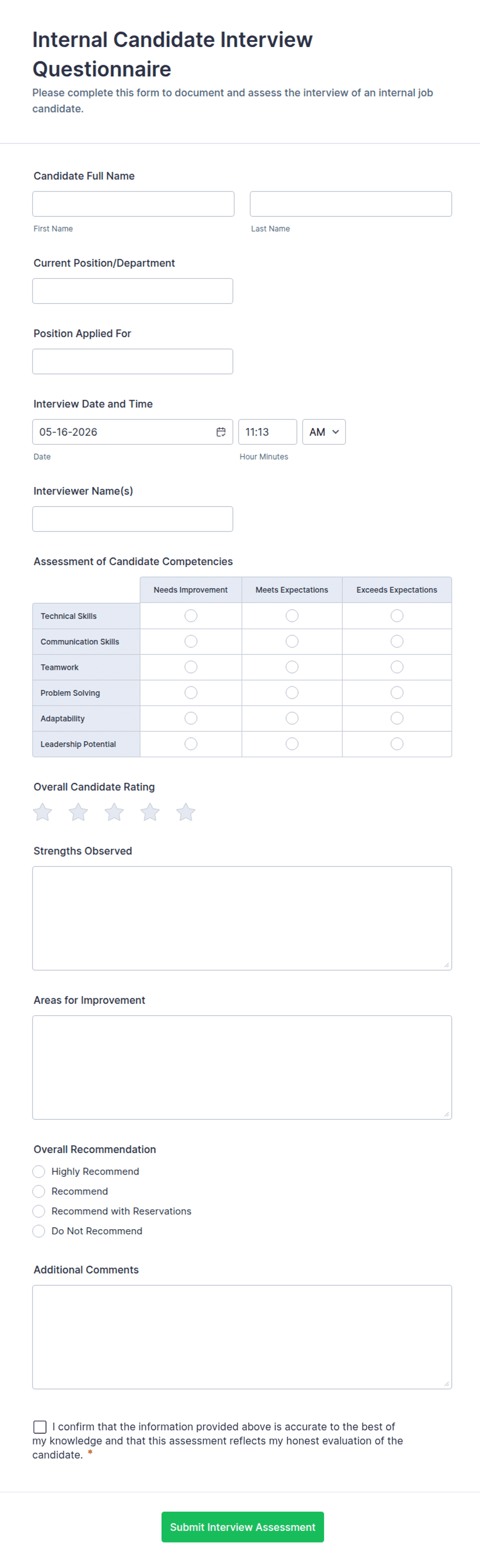 In Depth Interview Questionnaire Layout Internal Candidate Interview Questionnaire Form Template | Jotform