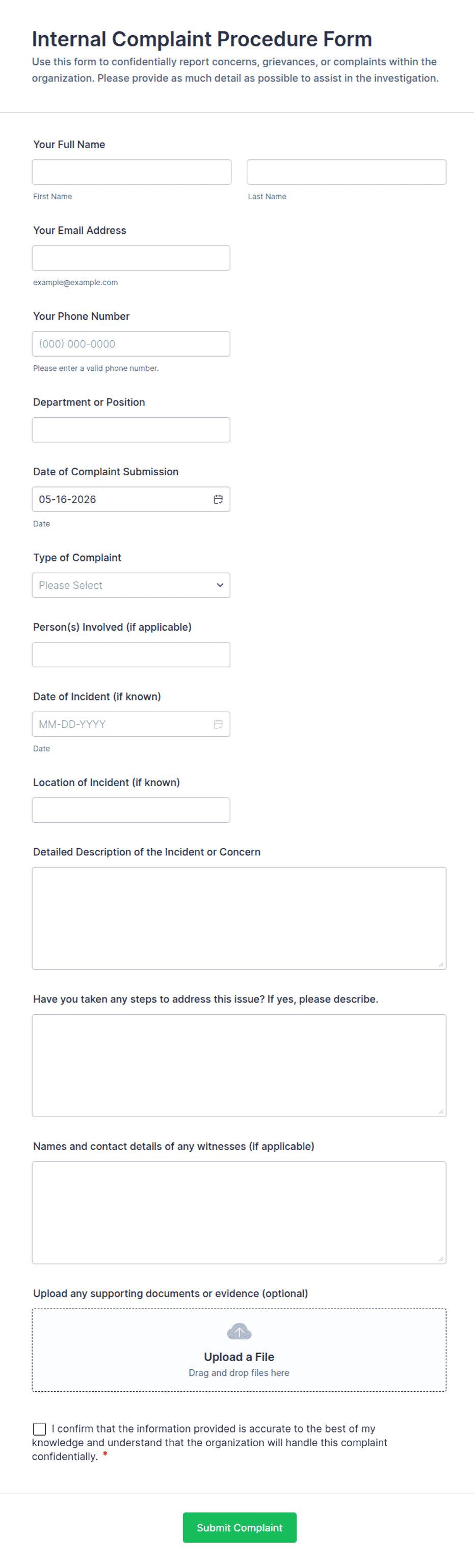 Internal Complaint Procedure Form Template | Jotform