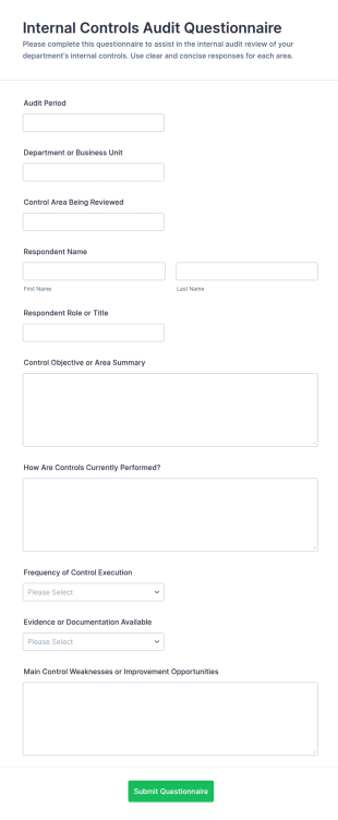 Internal Controls Audit Questionnaire Form Template