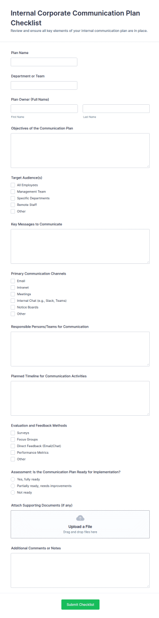 Internal Corporate Communication Plan Checklist Form Template