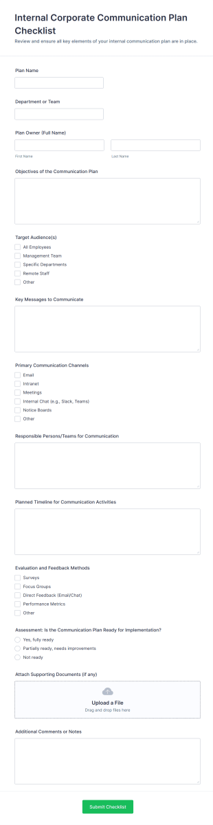 Internal Corporate Communication Plan Checklist Form Template