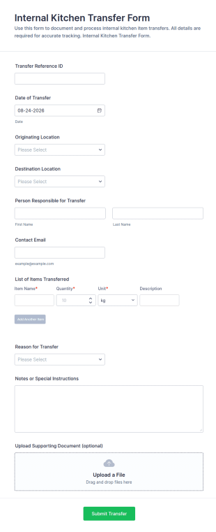 Internal Kitchen Transfer Form Template