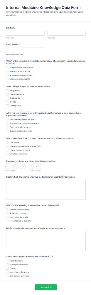 Internal Medicine Knowledge Quiz Form Template