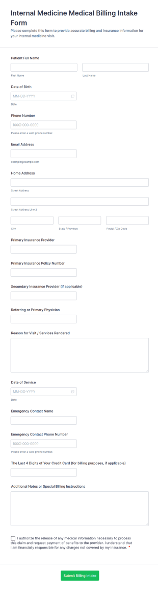 Internal Medicine Medical Billing Intake Form Template