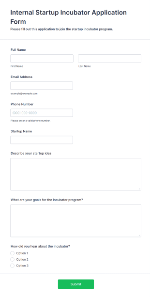 Internal Startup Incubator Application Form Template