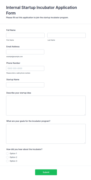 Internal Startup Incubator Application Form Template