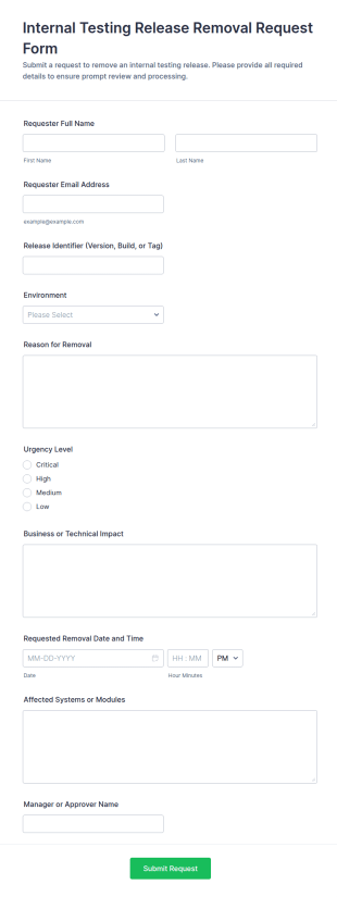 Internal Testing Release Removal Request Form Template