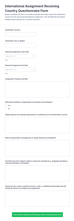 International Assignment Receiving Country Questionnaire Form Template