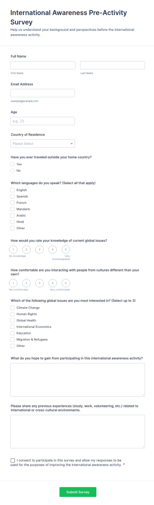 International Awareness Pre Activity Survey Form Template