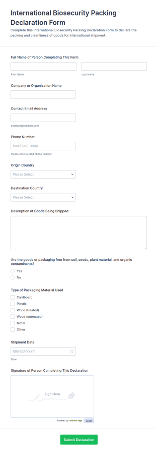 International Biosecurity Packing Declaration Form Template