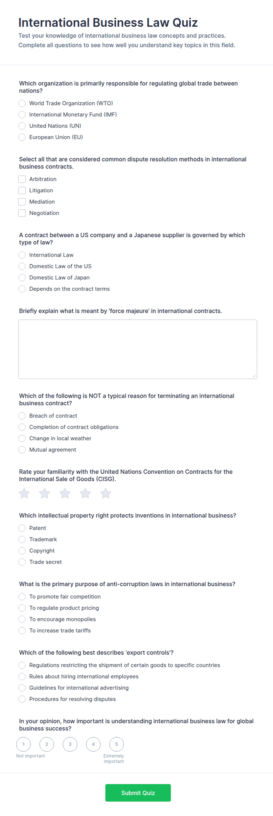 International Business Law Quiz Form Template | Jotform
