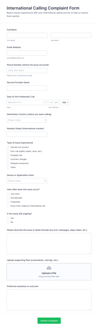 International Calling Complaint Form Template