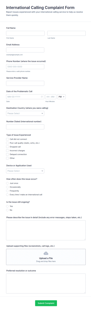 International Calling Complaint Form Template