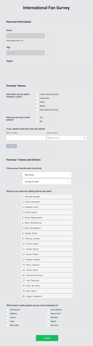 International Fan Survey Form Template