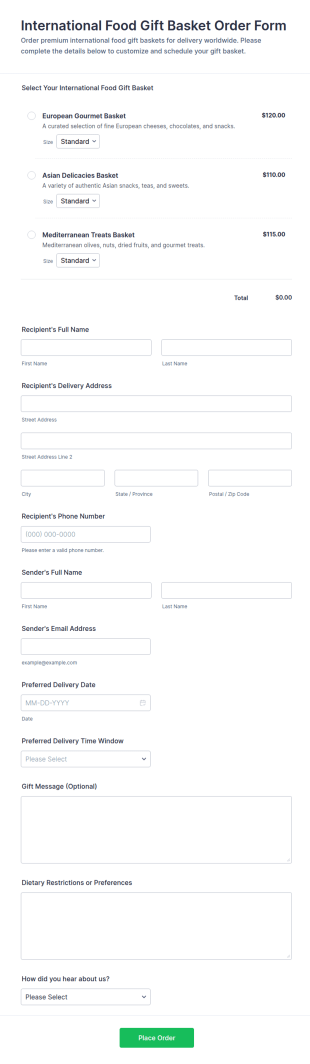 International Food Gift Basket Order Form Template